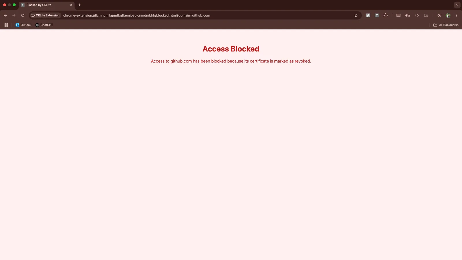 The extension blocking access to a site with a revoked certificate
