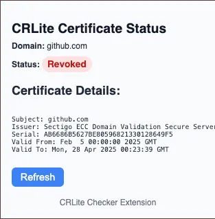 Popup showing the details of a revoked certificate