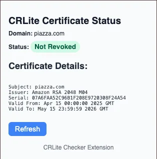 Popup showing a valid certificate for piazza.com